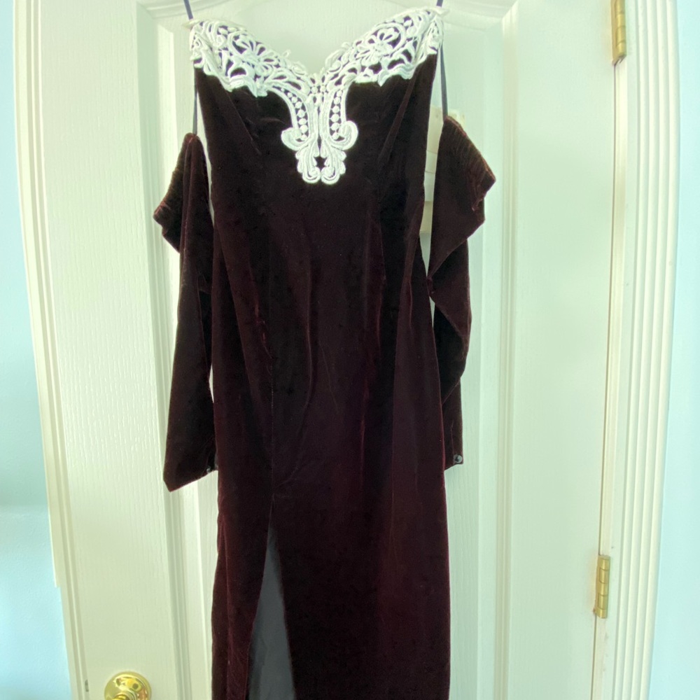 Vintage strapless floor length dark red velvet dress with detached arm sleeves
